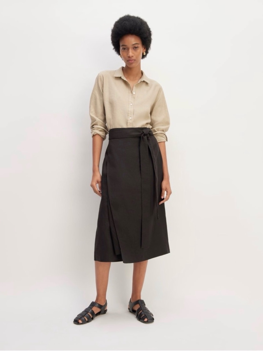 Everlane Black Linen Wrap Tie Midi Skirt